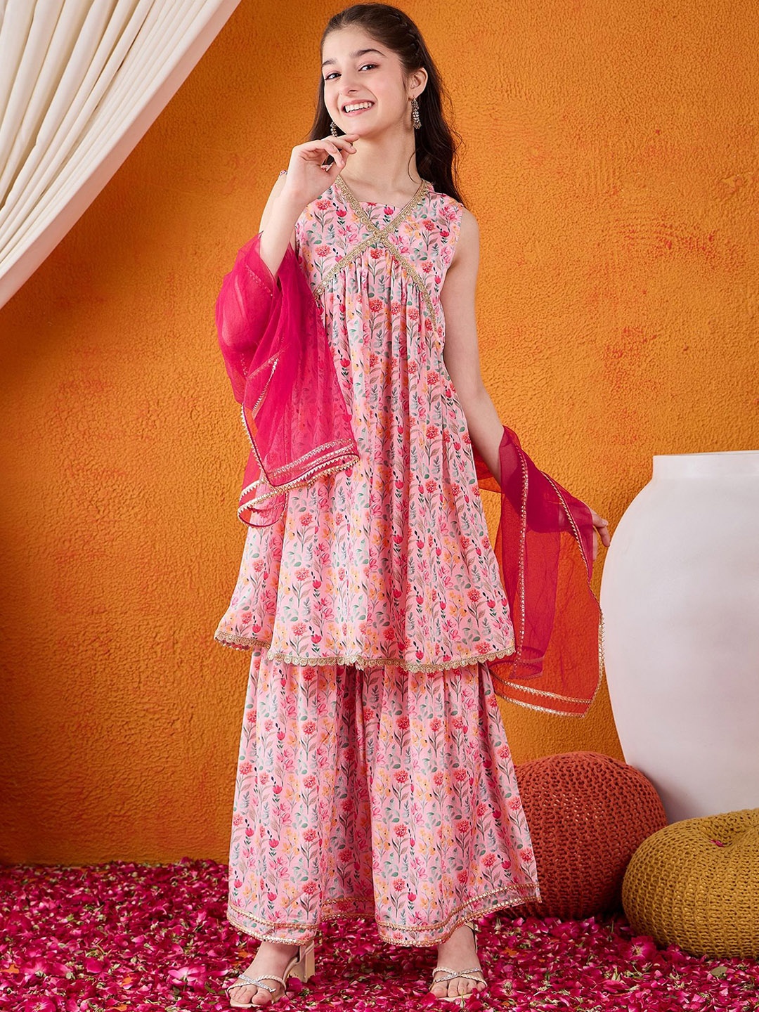 

Cherry & Jerry Girls Floral Printed Empire Gotta Patti A-Line Kurta With Sharara & Dupatta, Pink