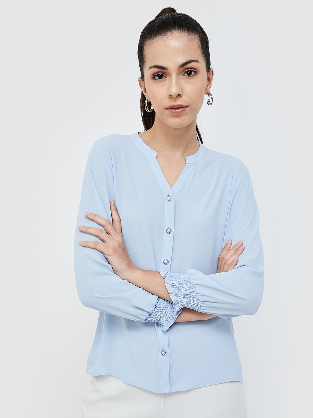 

CODE by Lifestyle Mandarin Collar Shirt Style Top, Blue