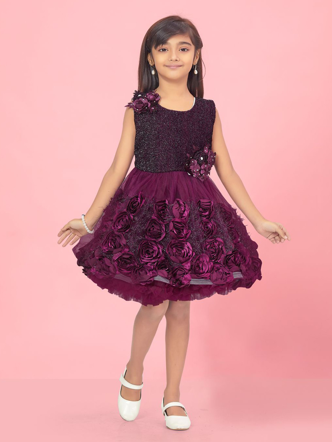 

BAESD Girls Net Round Neck Fit & Flare Knee Length Dress, Purple