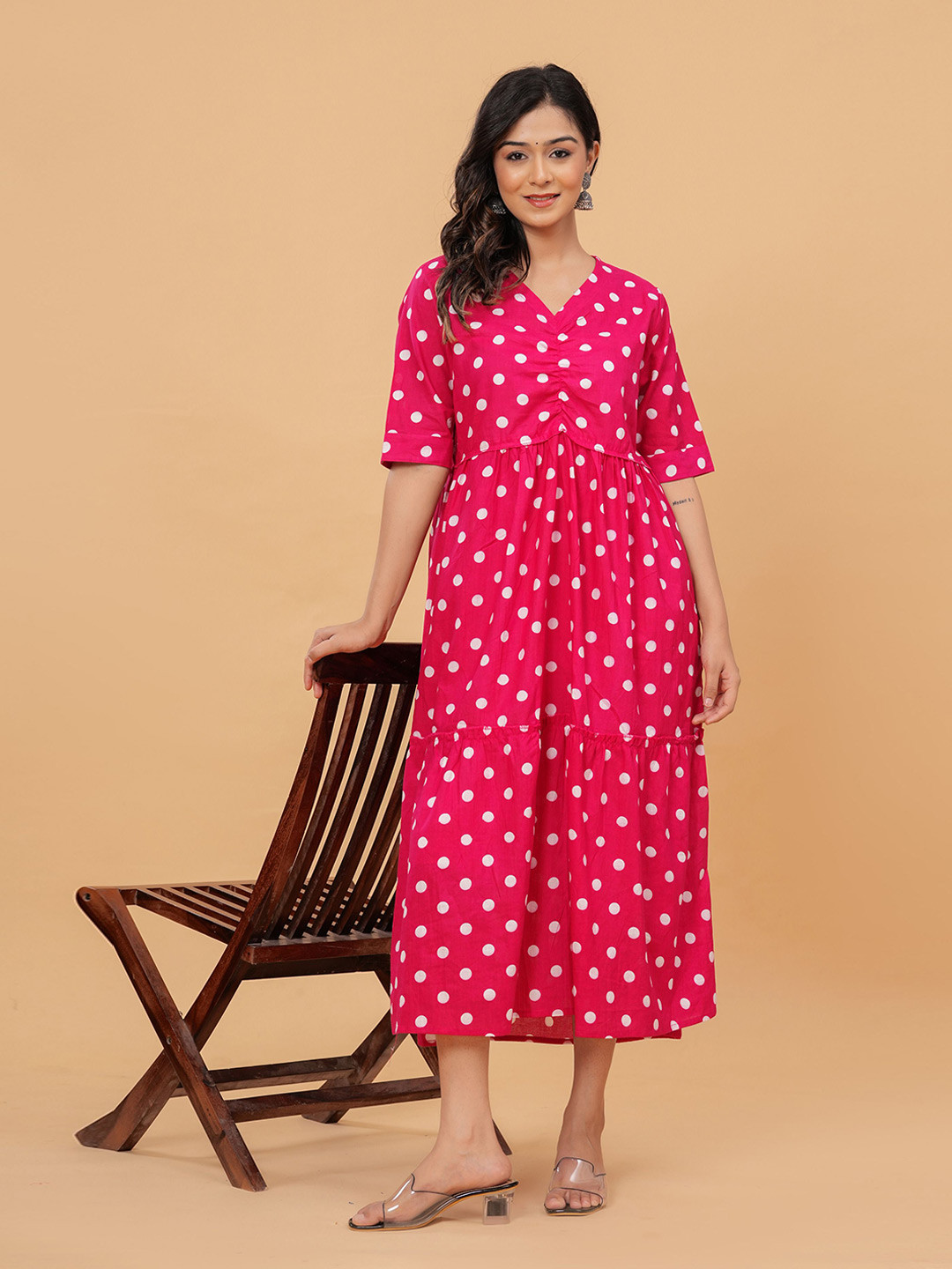 

KALINI V-neck A-Line Polka print Midi Dress, Pink