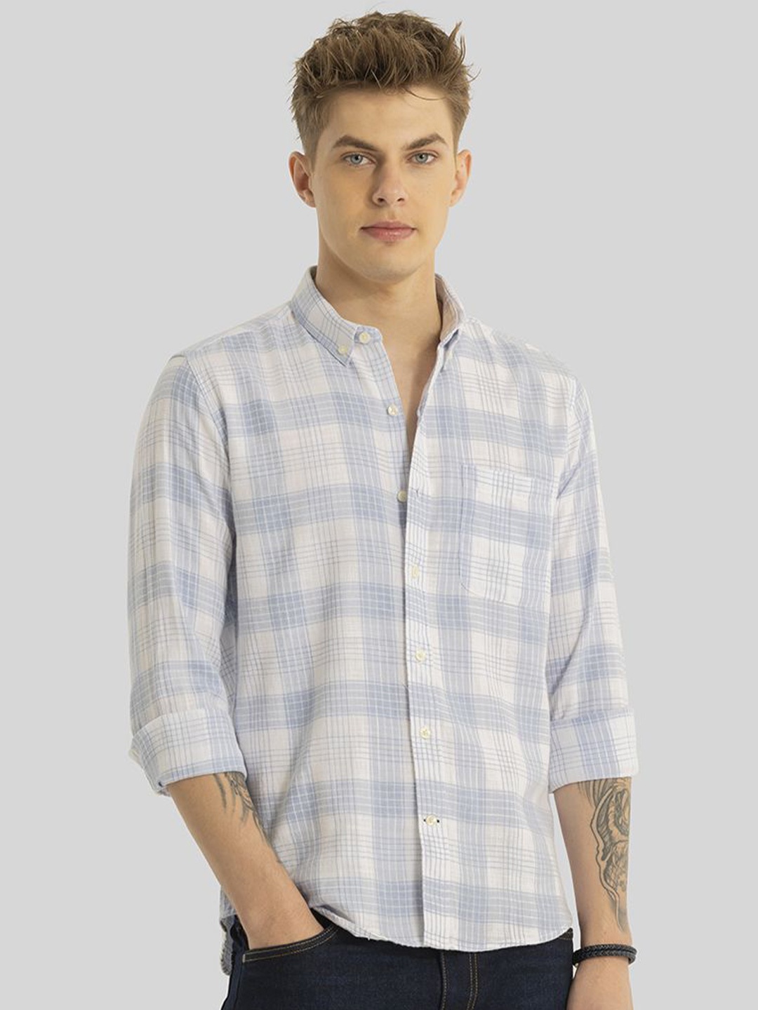 

Snitch Men Smart Button-Down Collar Checked Cotton Slim Fit Casual Shirt, Blue