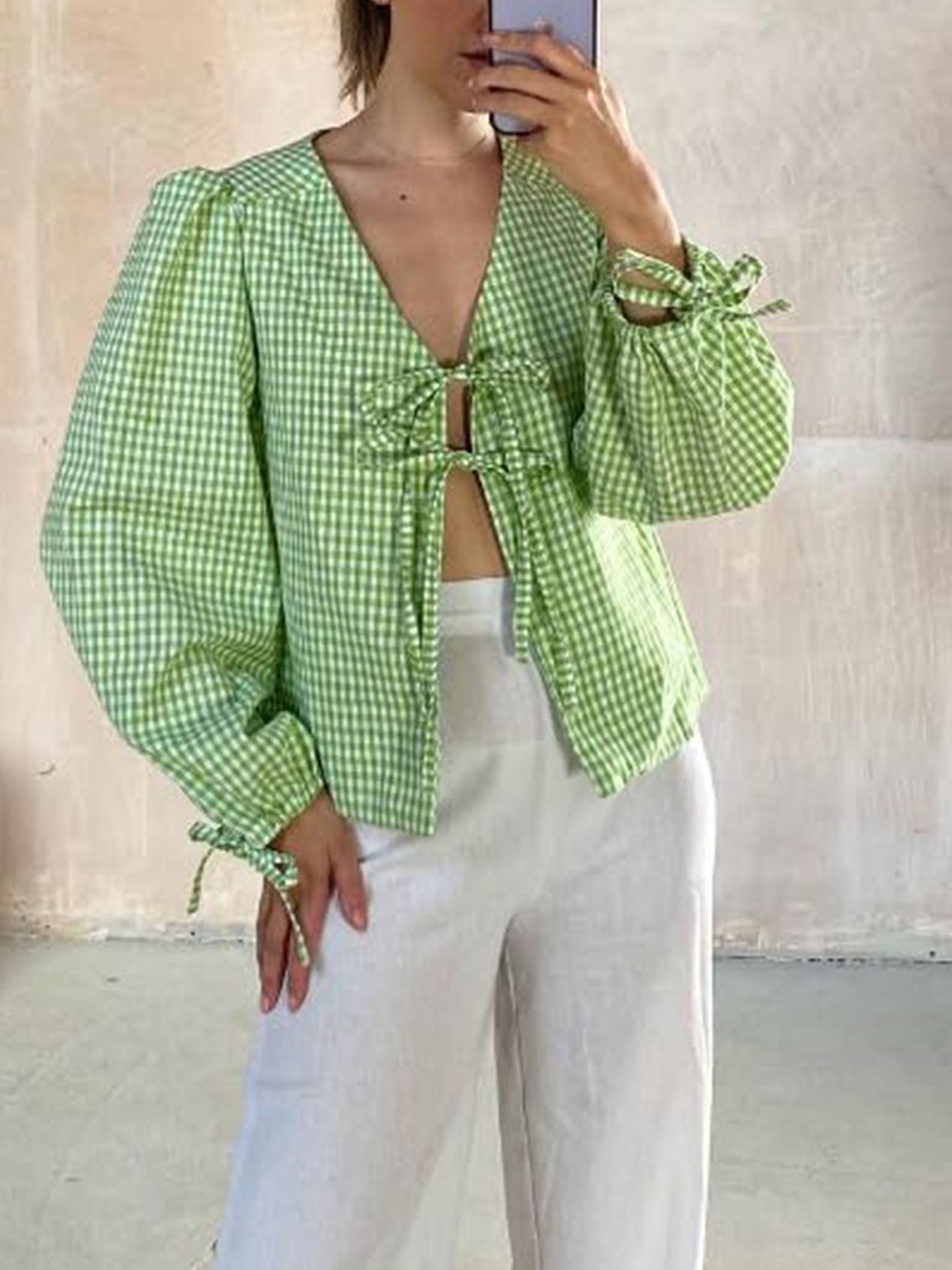 

LULU & SKY Women Micro Checked Printed Puff Sleeve Top, Green