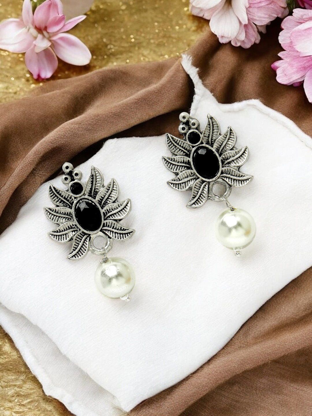 

ADIVA Silver-Plated Artificial Stones Studded Leaf Shaped Studs Earrings