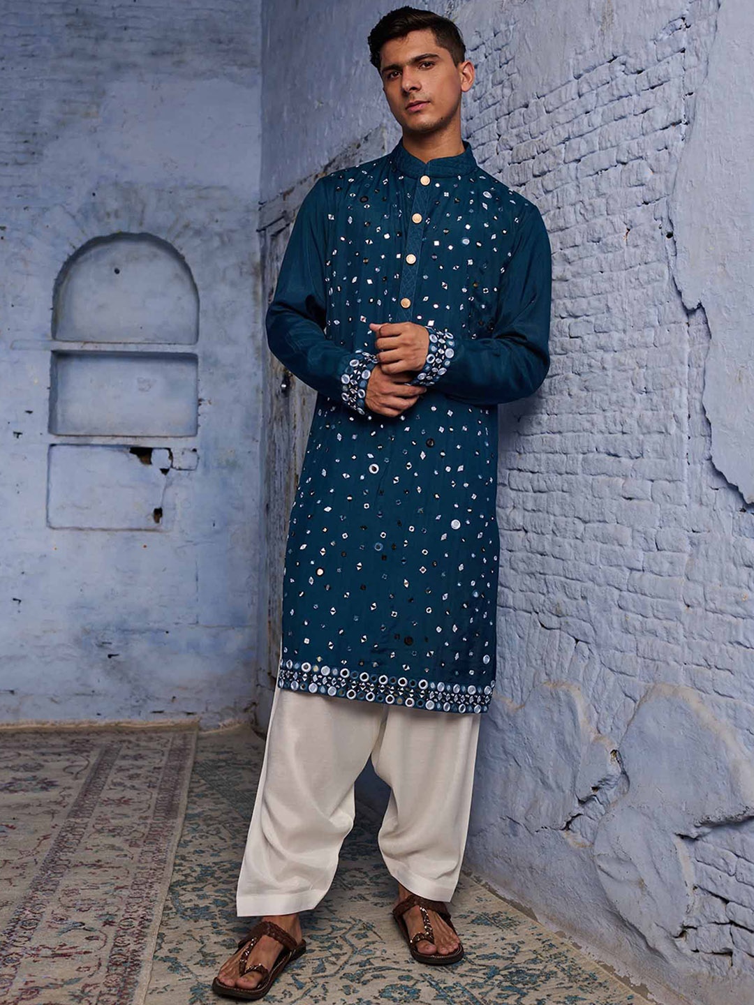 

Agrajain Geometric Embroidered Mirror Work Mandarin Collar Straight Kurta With Salwar, Blue
