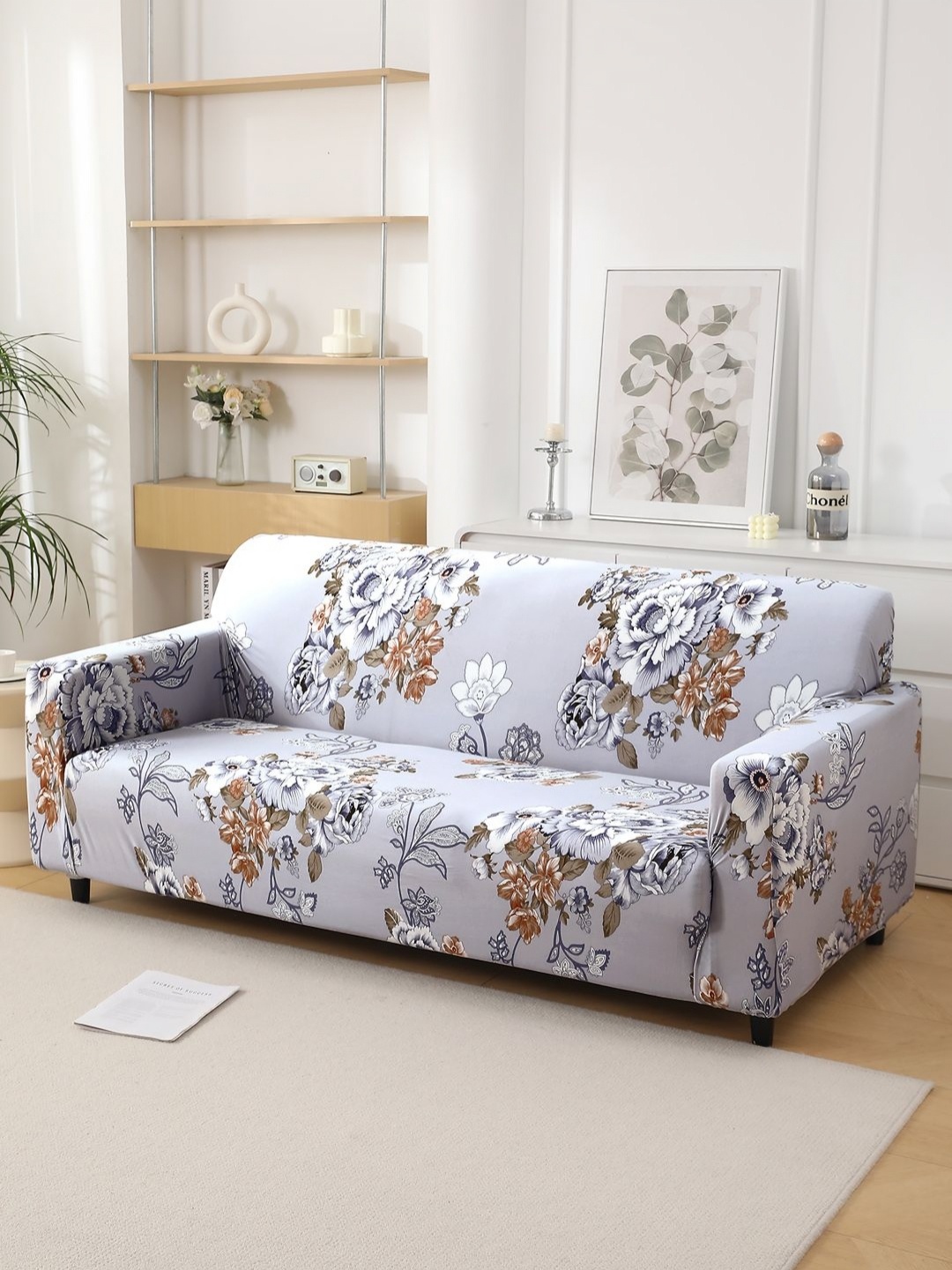 

HOKIPO Grey & White Floral Printed 4 Seater Sofa Cover With Arms