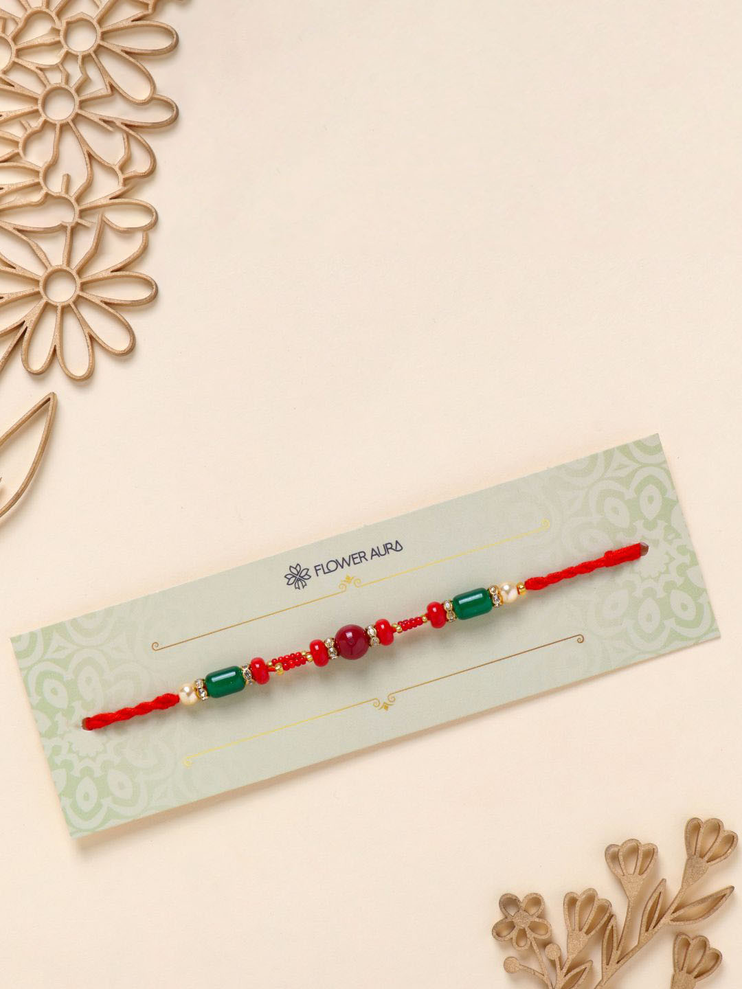 

Floweraura Beaded Pearl Thread Bracelet Rakhi with Roli Chawal, Red