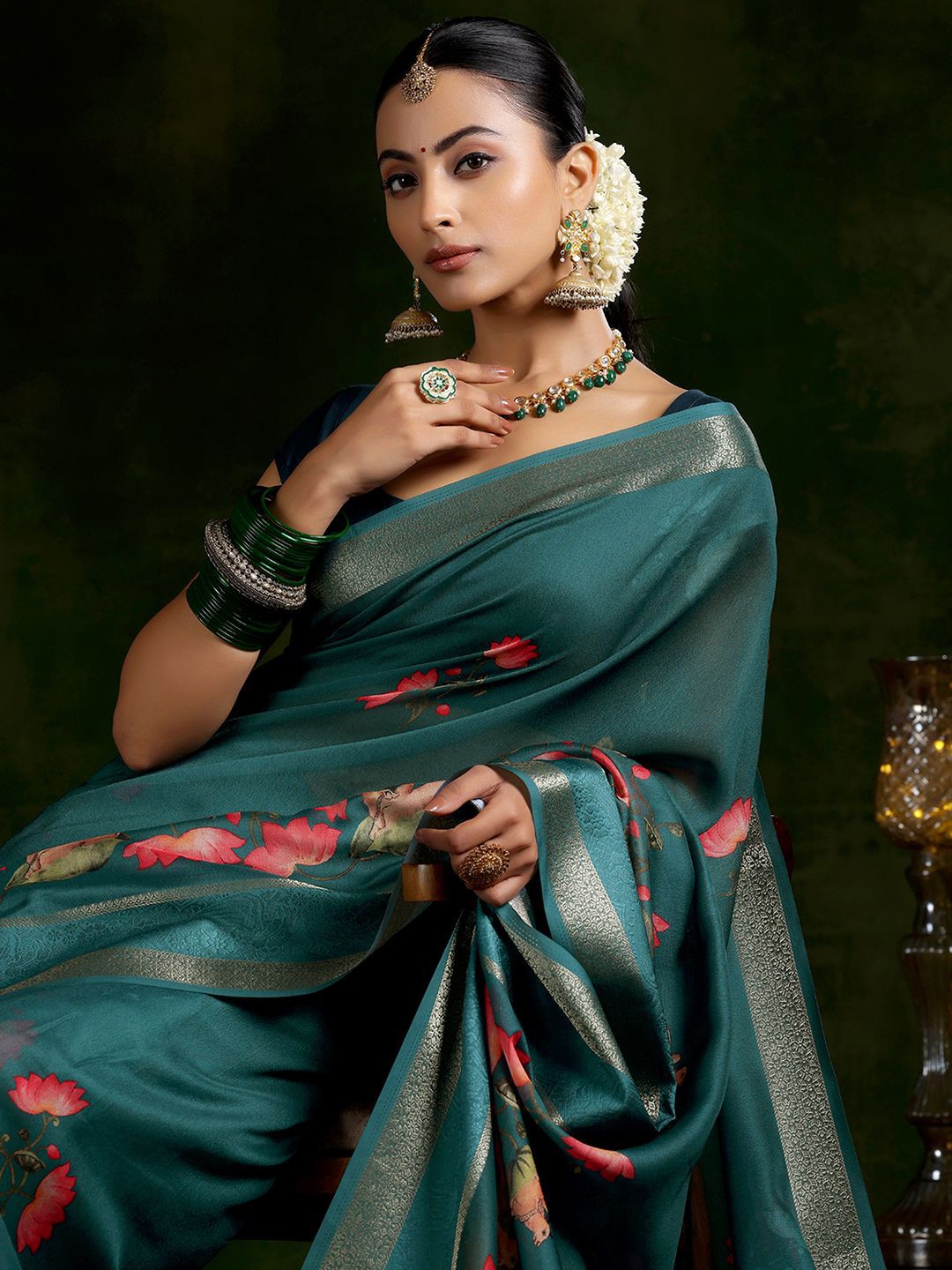 

Libas Floral Printed Zari Saree, Green
