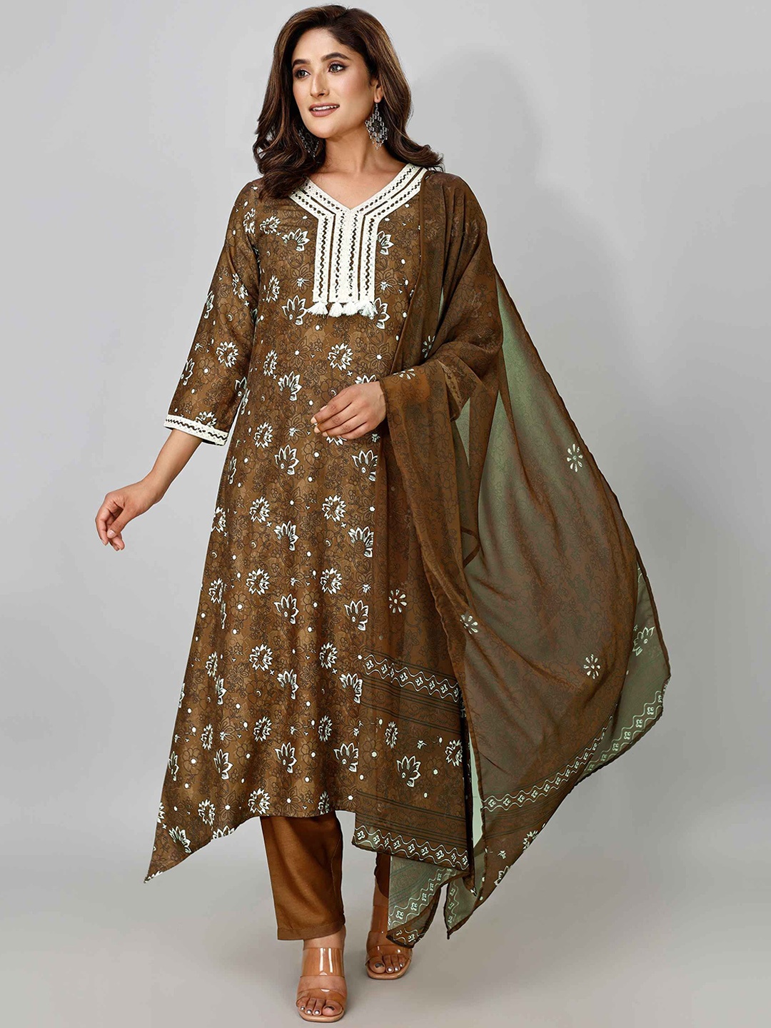 

FAB GALAXY Floral Printed A-Line Thread Work Kurta with Trousers & Dupatta, Brown