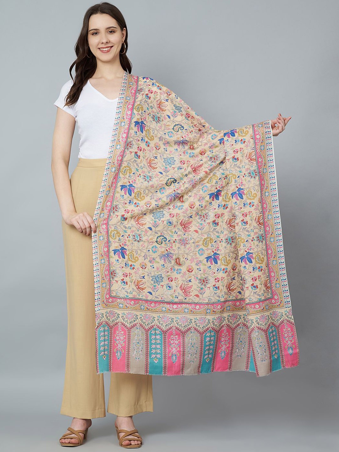 

MUFFLY Women Floral Embroidered Pure Woollen Shawl, Beige