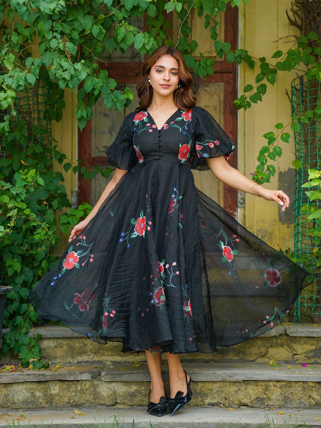 

Ambraee Floral Flutter Sleeve Fit and Flare Midi Dress, Black