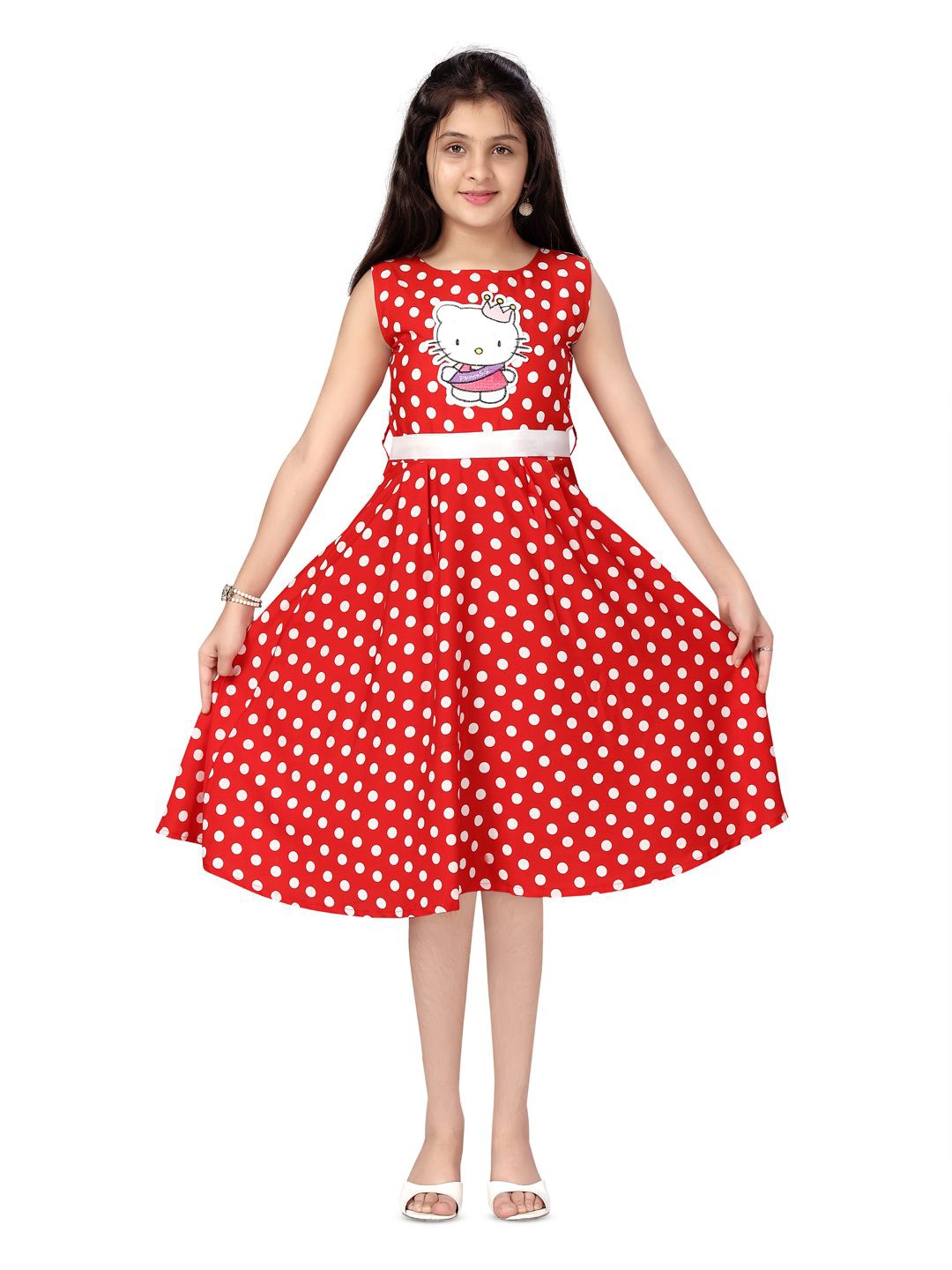 

BAESD Girls Polka Dot Printed Round Neck Sleeveless Cotton Fit & Flare Dress, Red