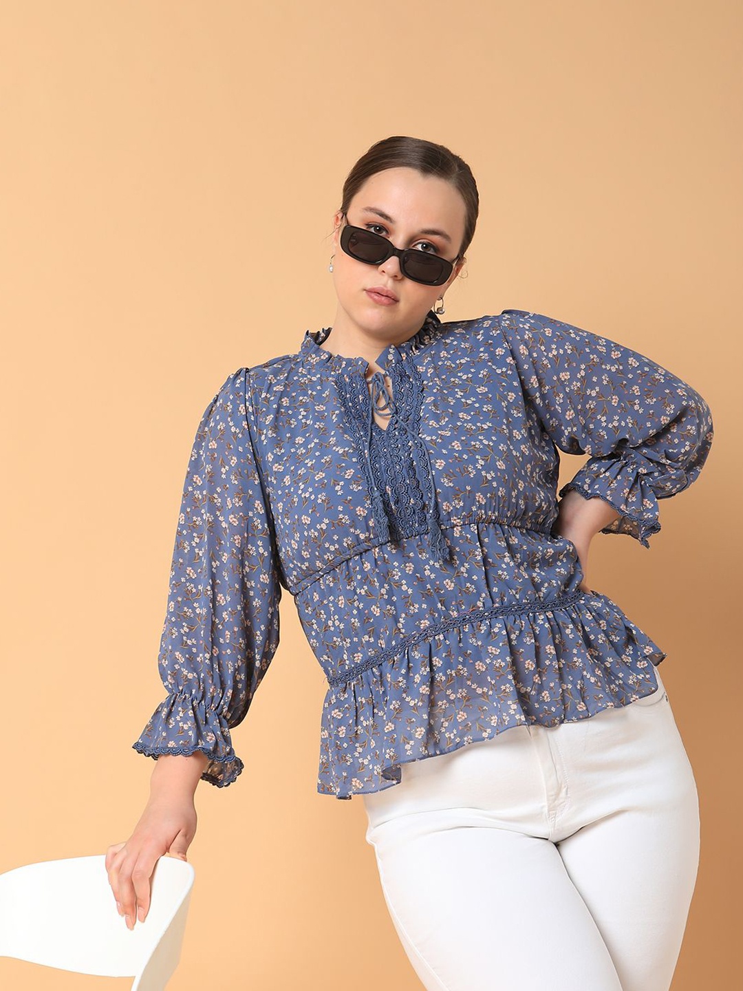 

SHOWOFF Floral Print Mandarin Collar Puff Sleeve Georgette Cinched Waist Top, Blue