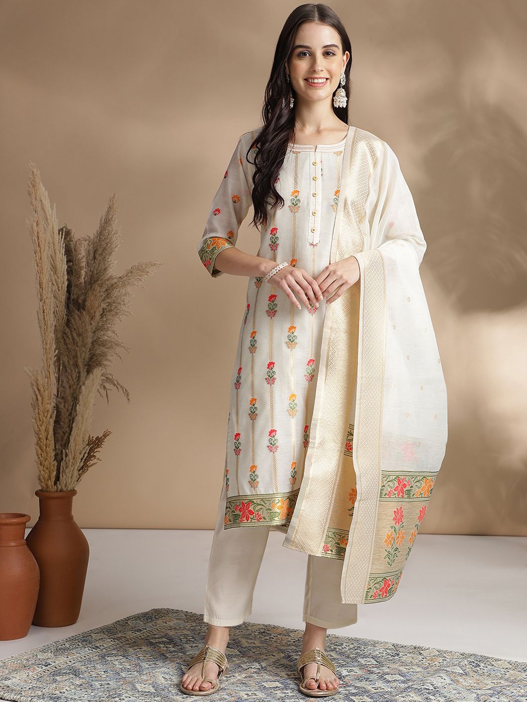 

RAJGRANTH Regular Chanderi Cotton Kurti with Trousers & Dupatta, Off white