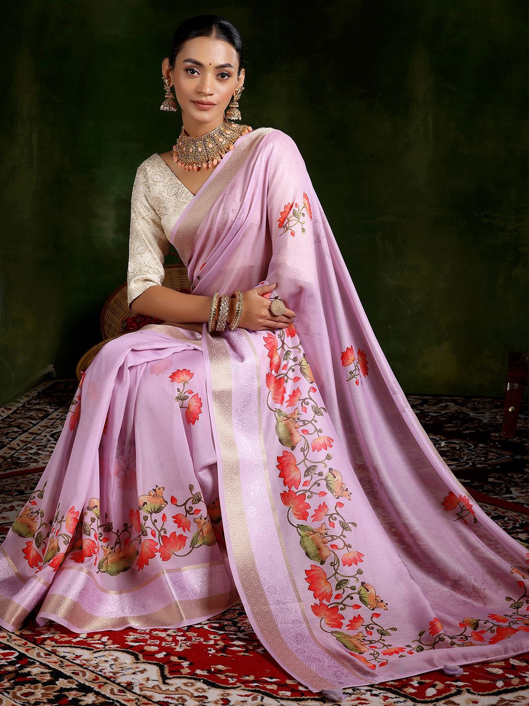 

Libas Floral Zari Saree With Blouse Piece, Pink