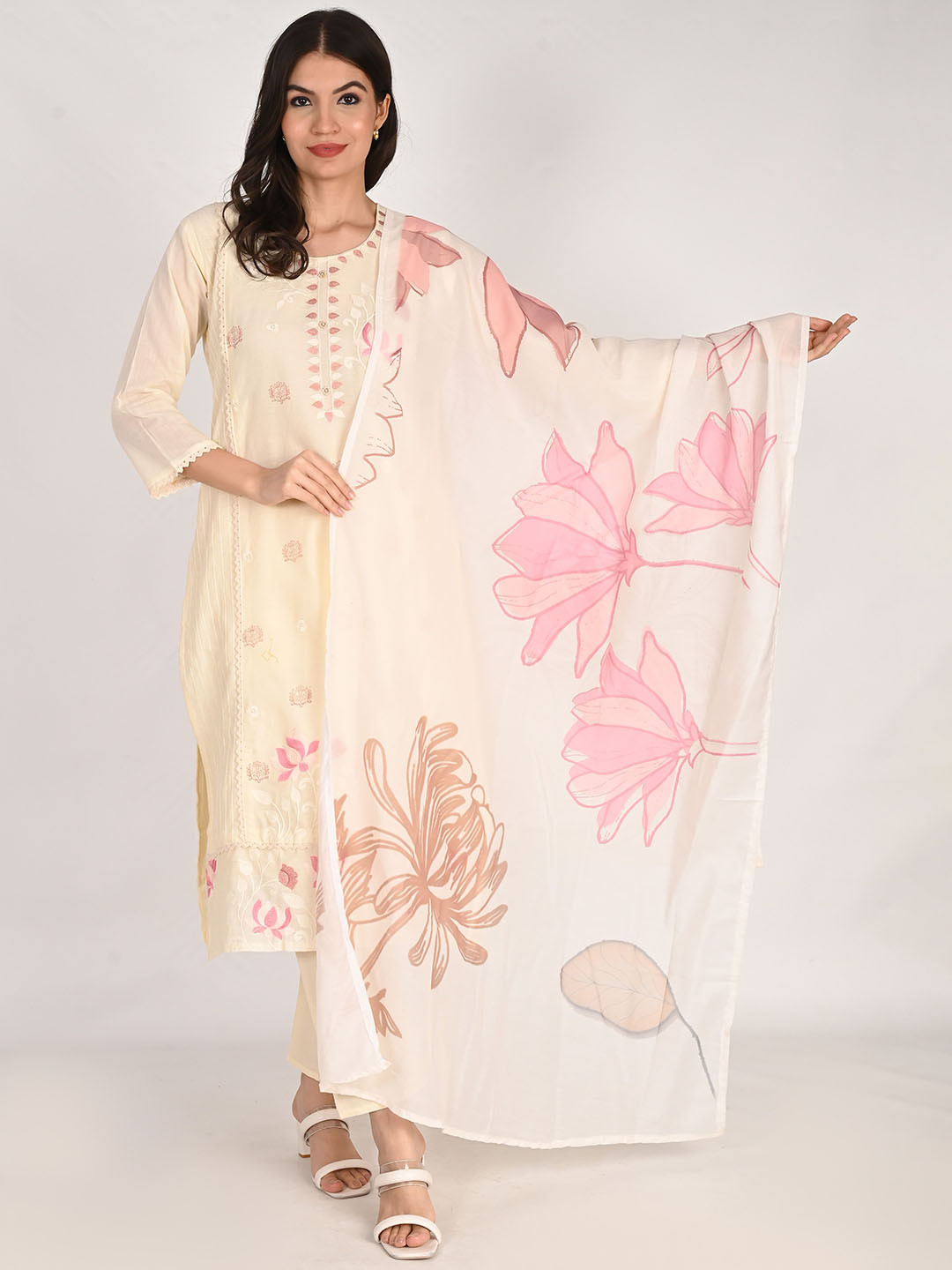 

Girly Girls Floral Embroidered Straight Pure Cotton Kurta with Trousers & Dupatta, Cream