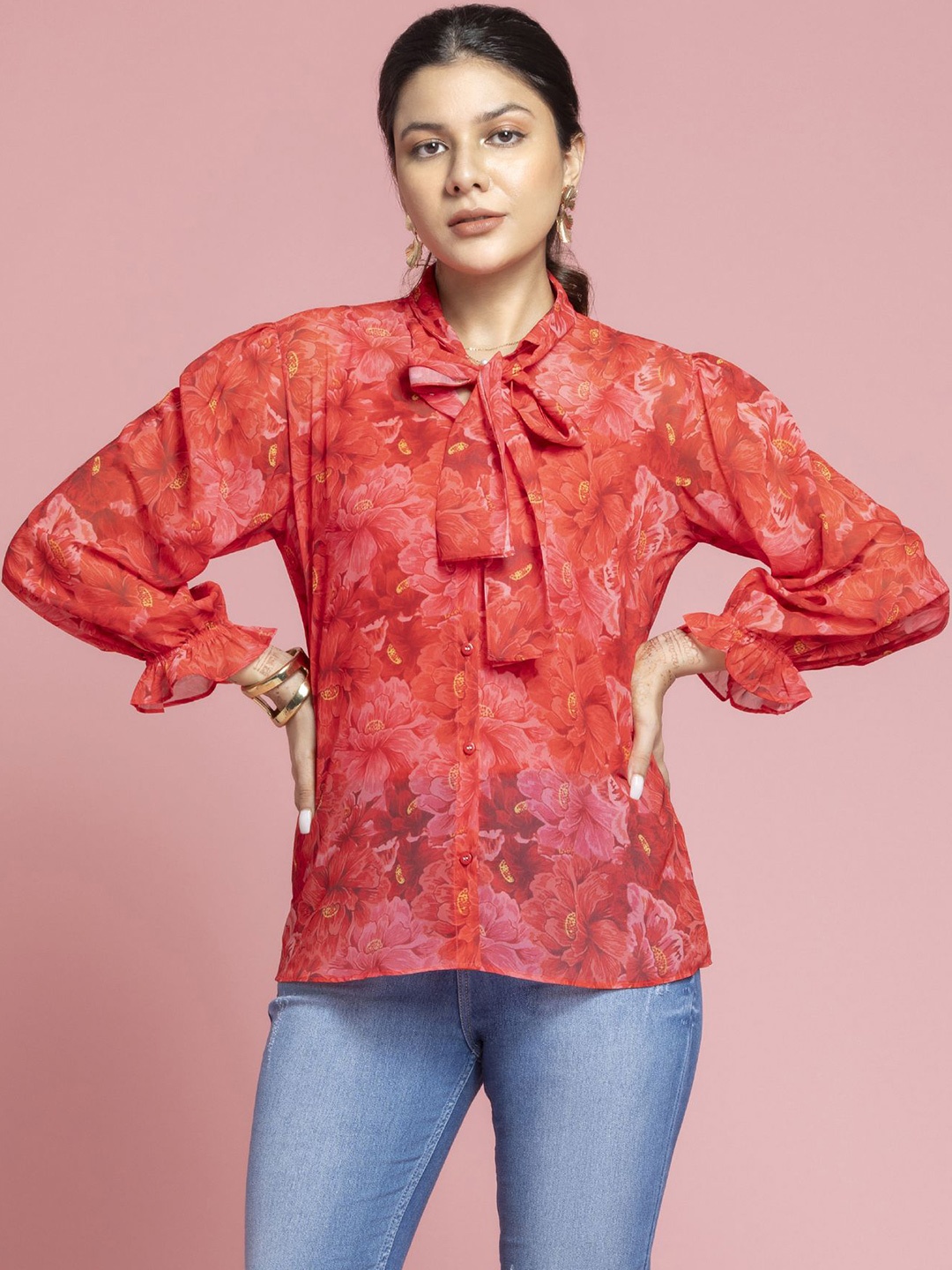 

SEW YOU SOON Floral Print Tie-Up Neck Georgette Top, Red