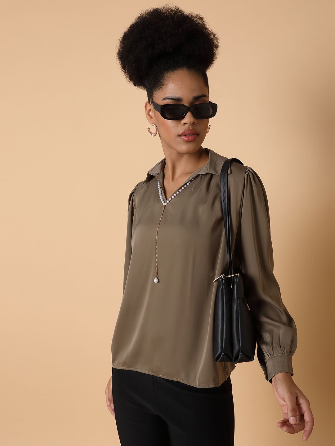 

SHOWOFF Satin Shirt Style Top, Olive