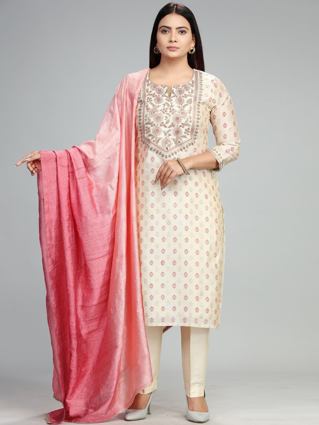 

COTTON CULTURE Floral Embroidered Chanderi Cotton Straight Kurta & Churidar & Dupatta, Pink