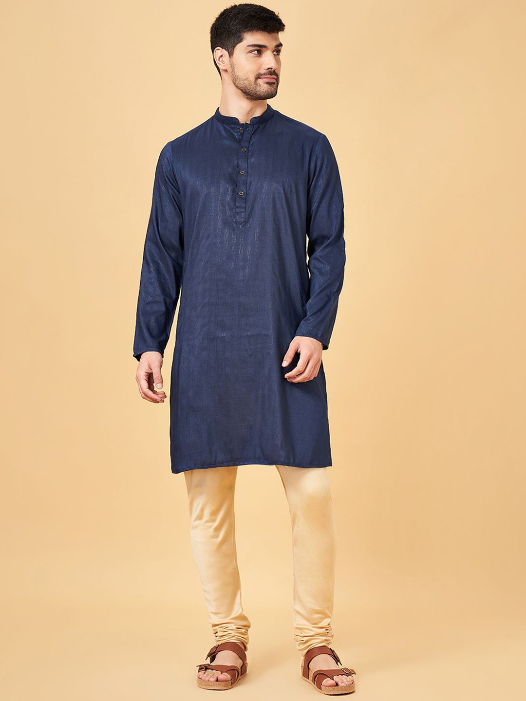 

indus route by Pantaloons Band Collar Long Sleeves Straight Kurta, Navy blue