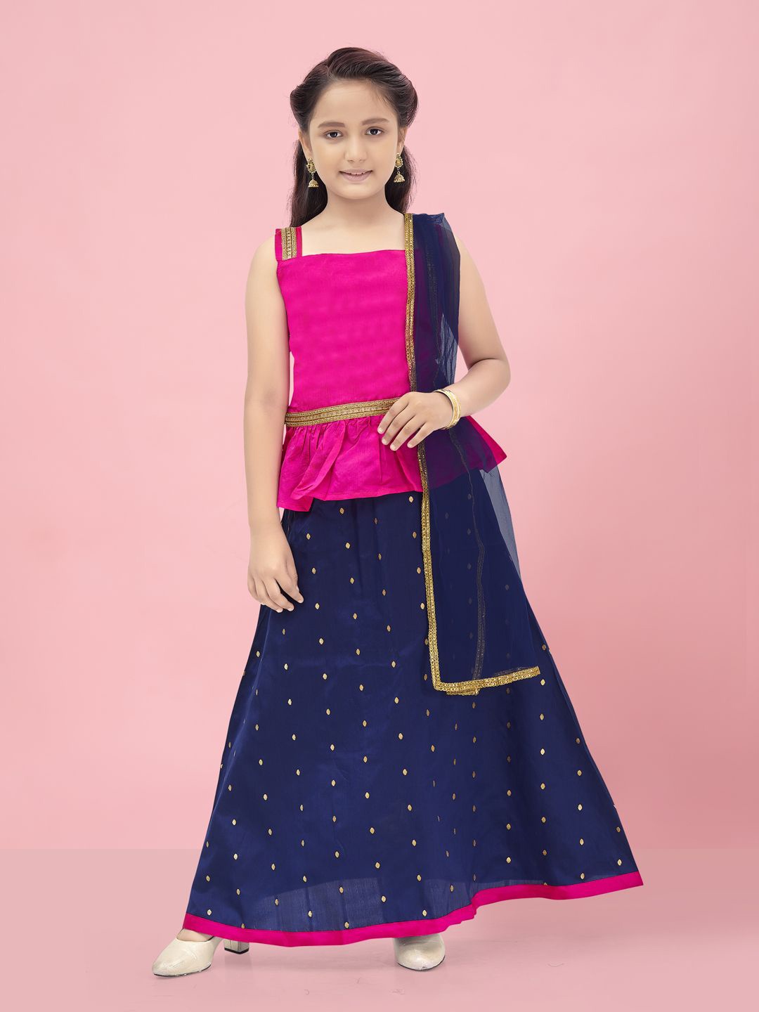 

BAESD Girls Square Neck Gotta Patti Silk Ready to Wear Lehenga & Blouse With Dupatta, Pink