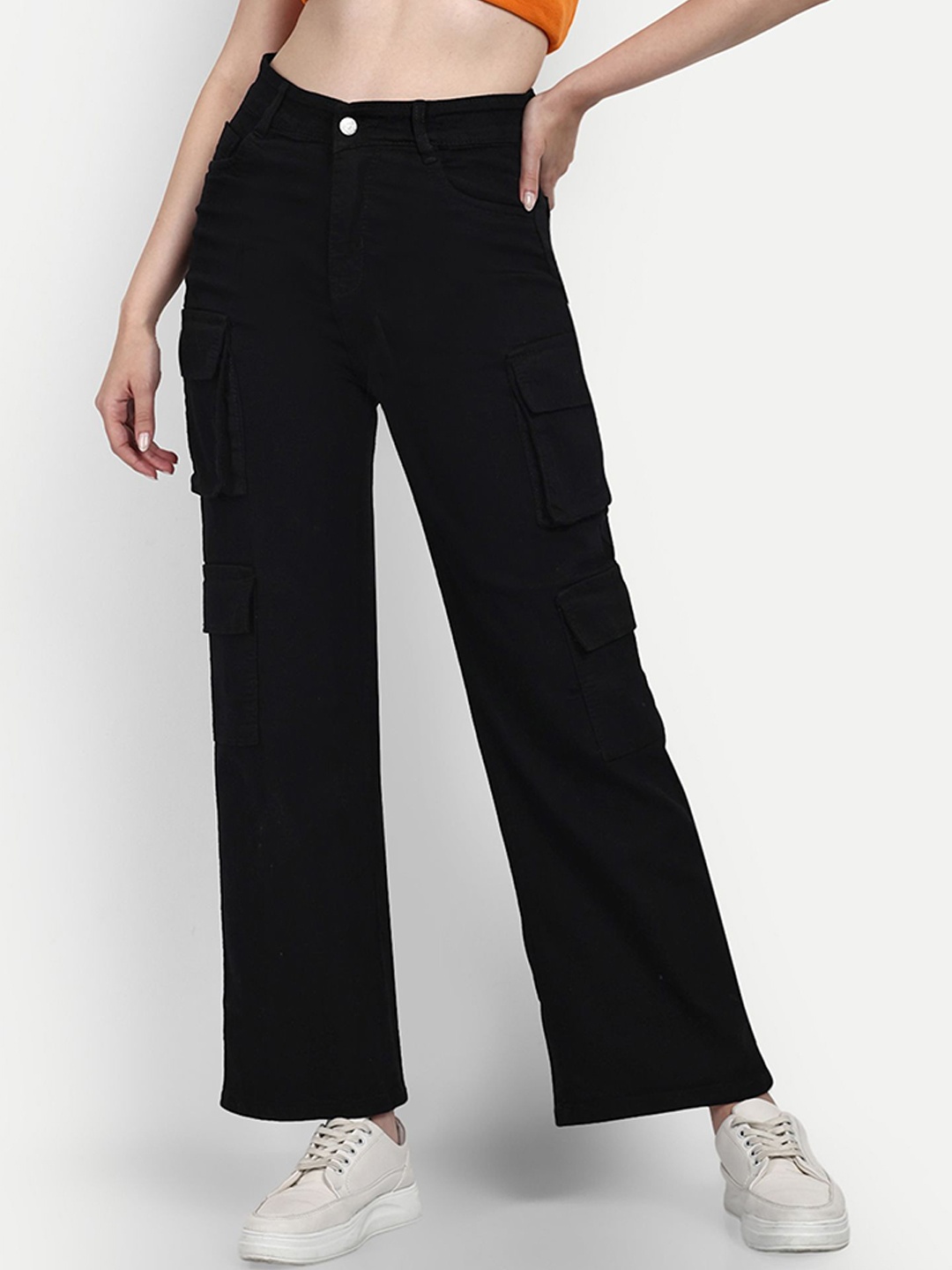 

BROADSTAR Women Smart High-Rise Stretchable Cargo Jeans, Black