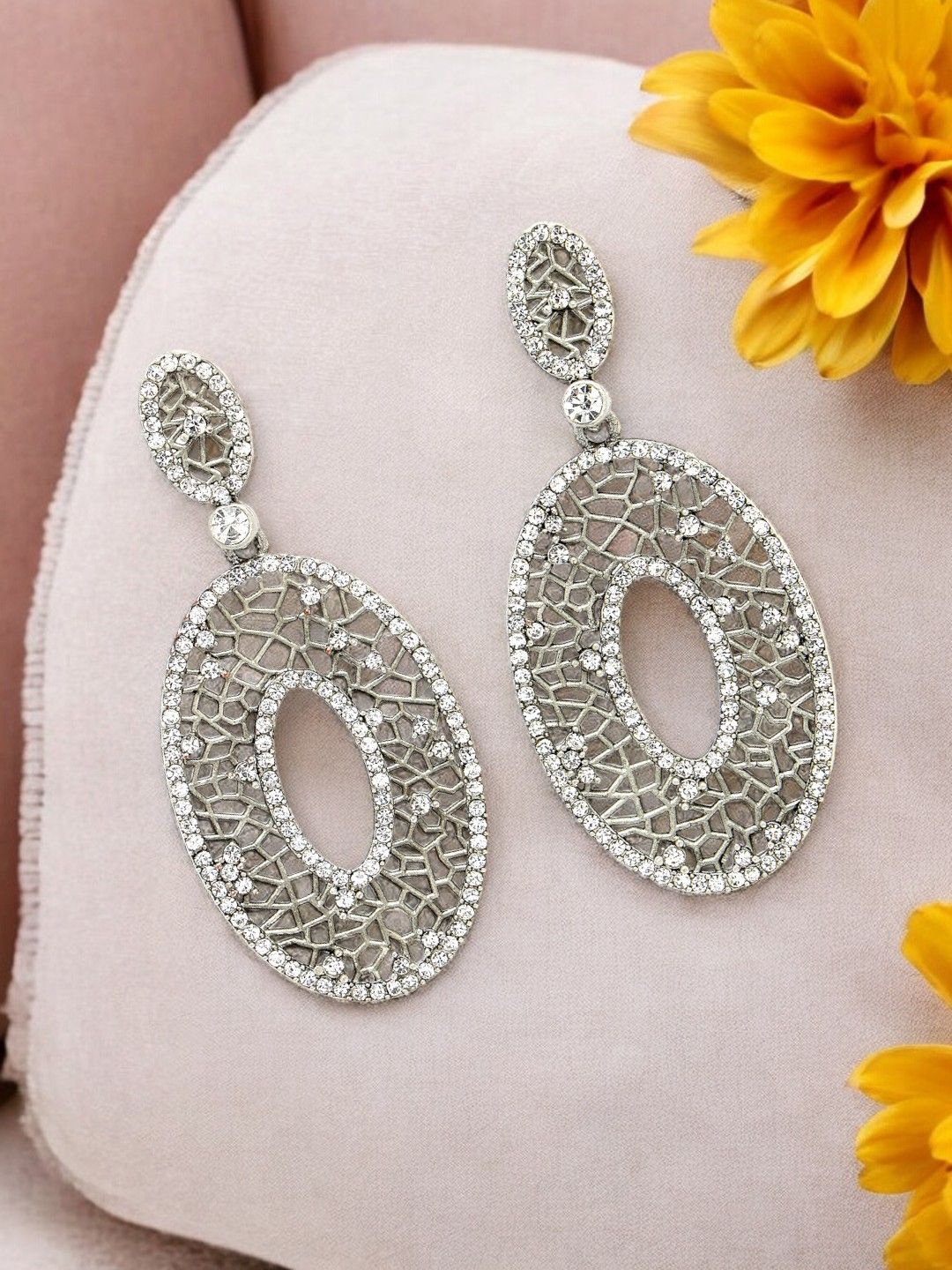 

ADIVA Silver-Plated Cubic Zirconia Studded Oxidised Oval Drop Earrings