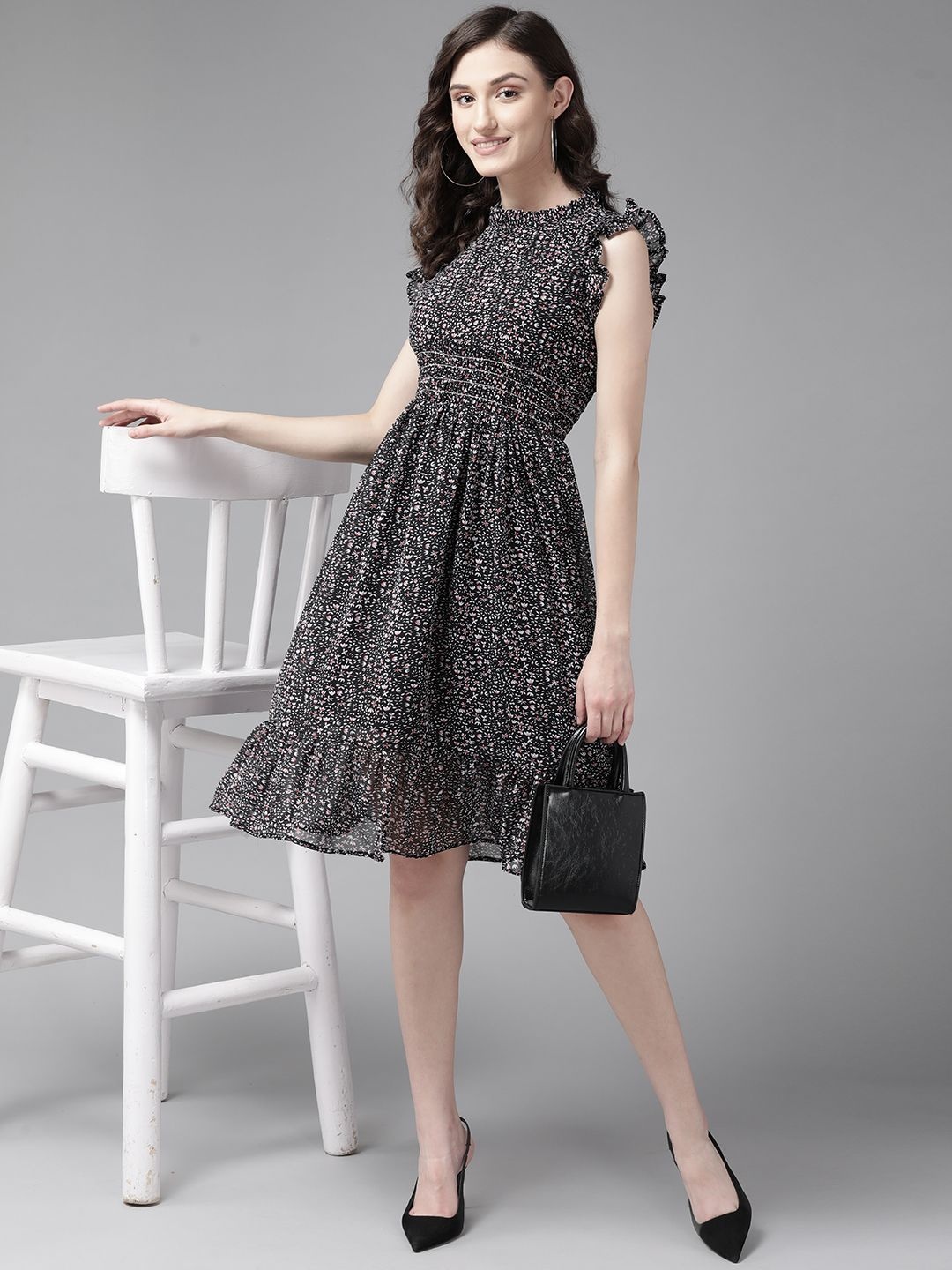 

BAESD Floral Printed Flutter Sleeve Georgette Fit & Flare Midi Dress, Black
