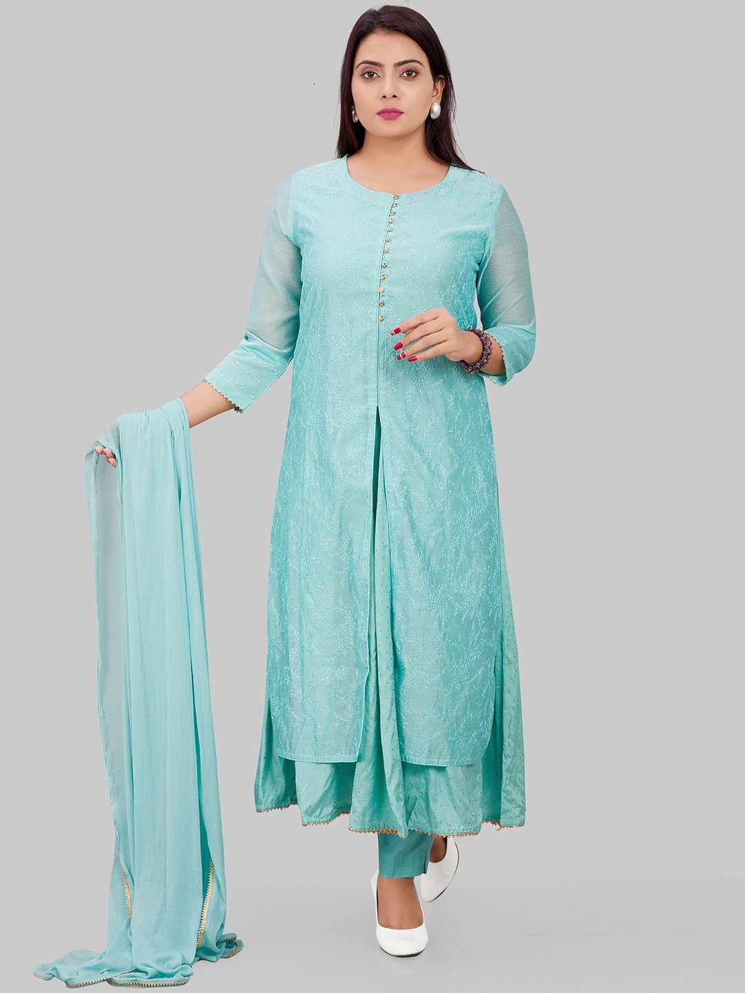 

COTTON CULTURE Floral Embroidered Thread Work Chanderi Cotton Kurta with Trouser & Dupatta, Blue