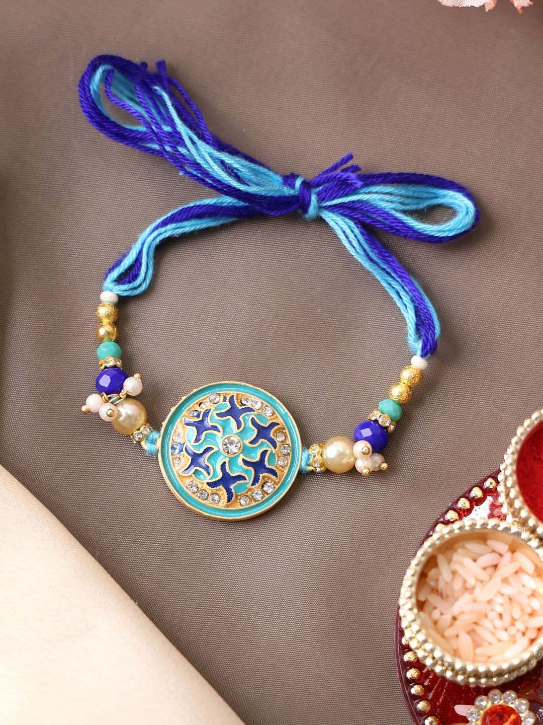 

PANASH Gold Plated Stone Studded Thread Rakhi With Roli Chawal
