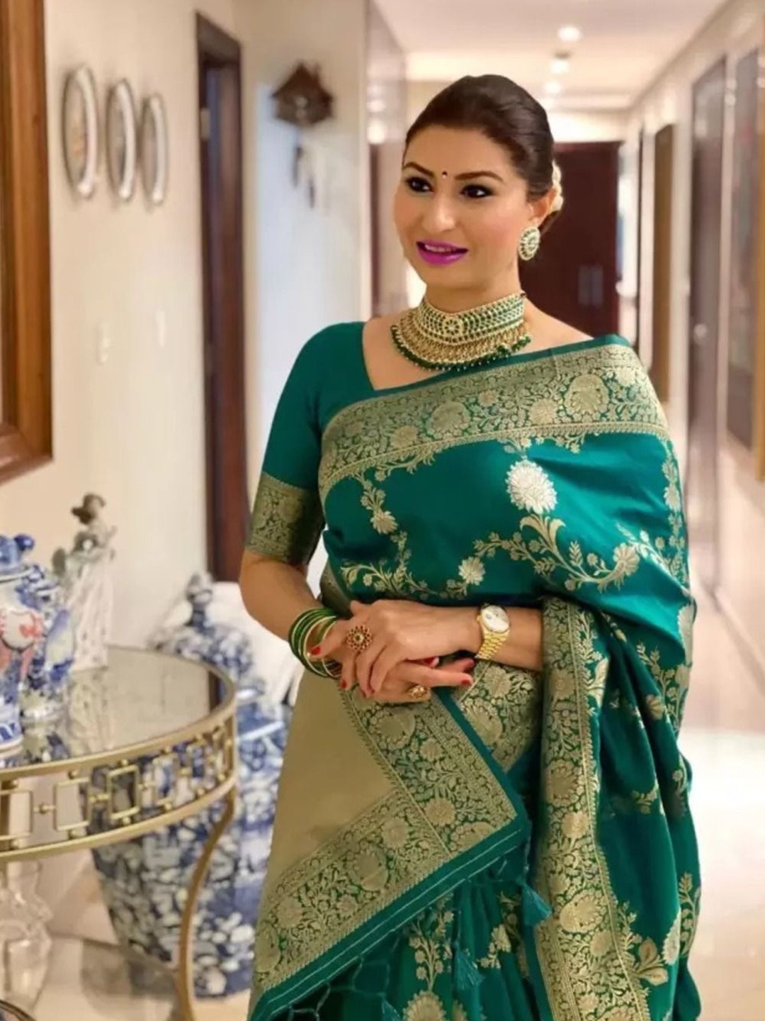 

Mitera Banarasi Art Silk Woven Design Zari Traditional Saree, Green