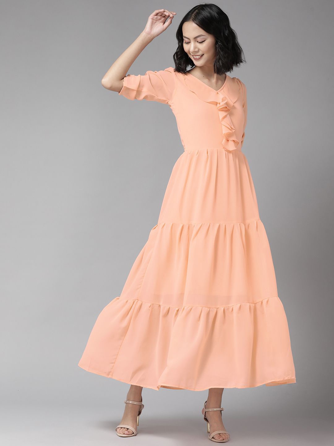 

BAESD Women Ruffled Neckline Tiered Georgette Maxi Dress, Peach