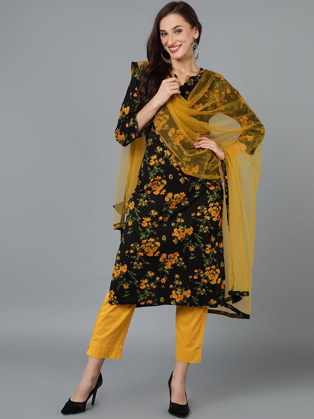 

Anouk Black Floral Printed Straight Kurta with Trousers & Dupatta