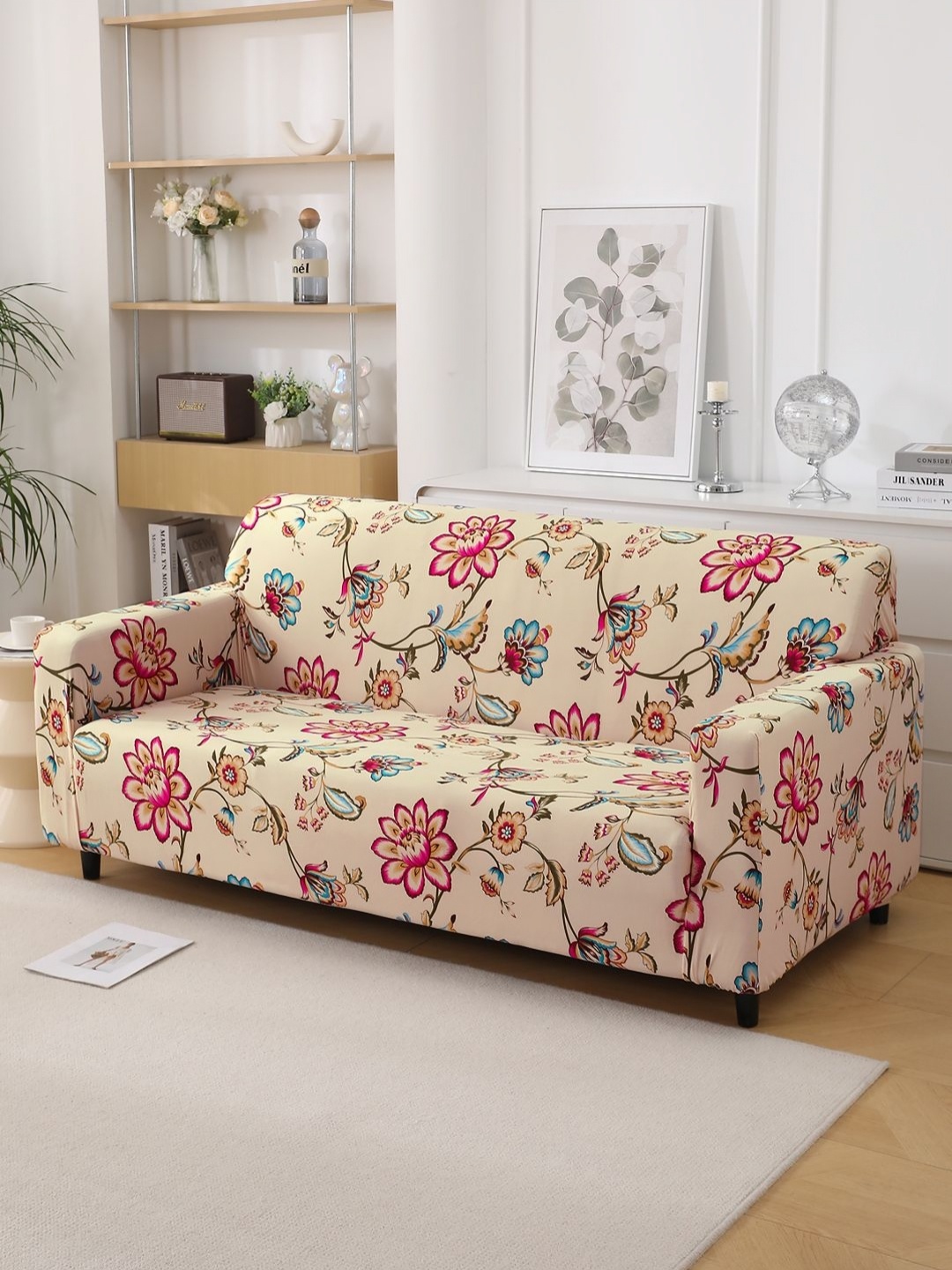 

HOKIPO Beige & Pink 3 Seater Sofa Cover With Arms