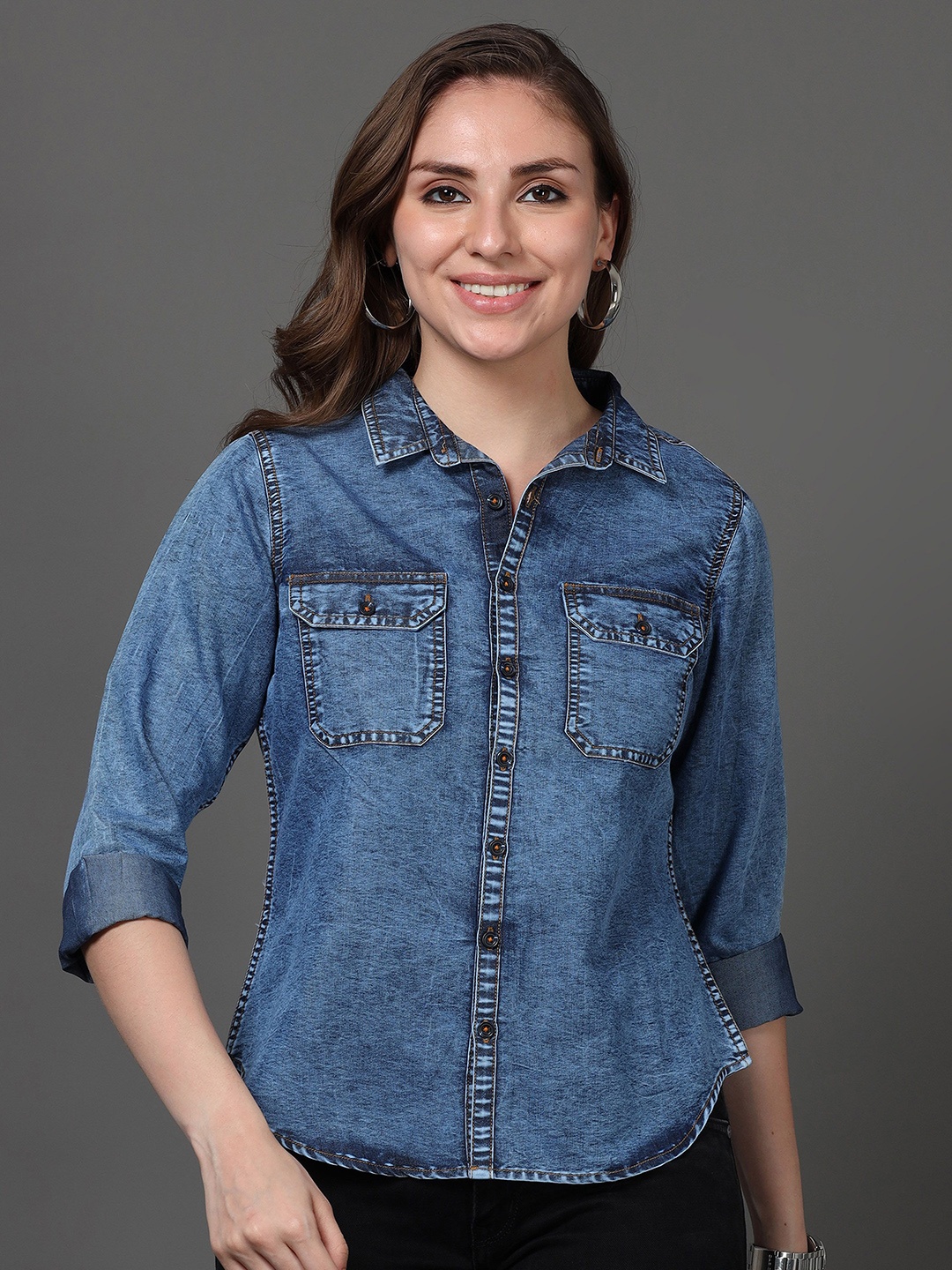 

CAZZBA Women Spread Collar Faded Denim Casual Shirt, Blue