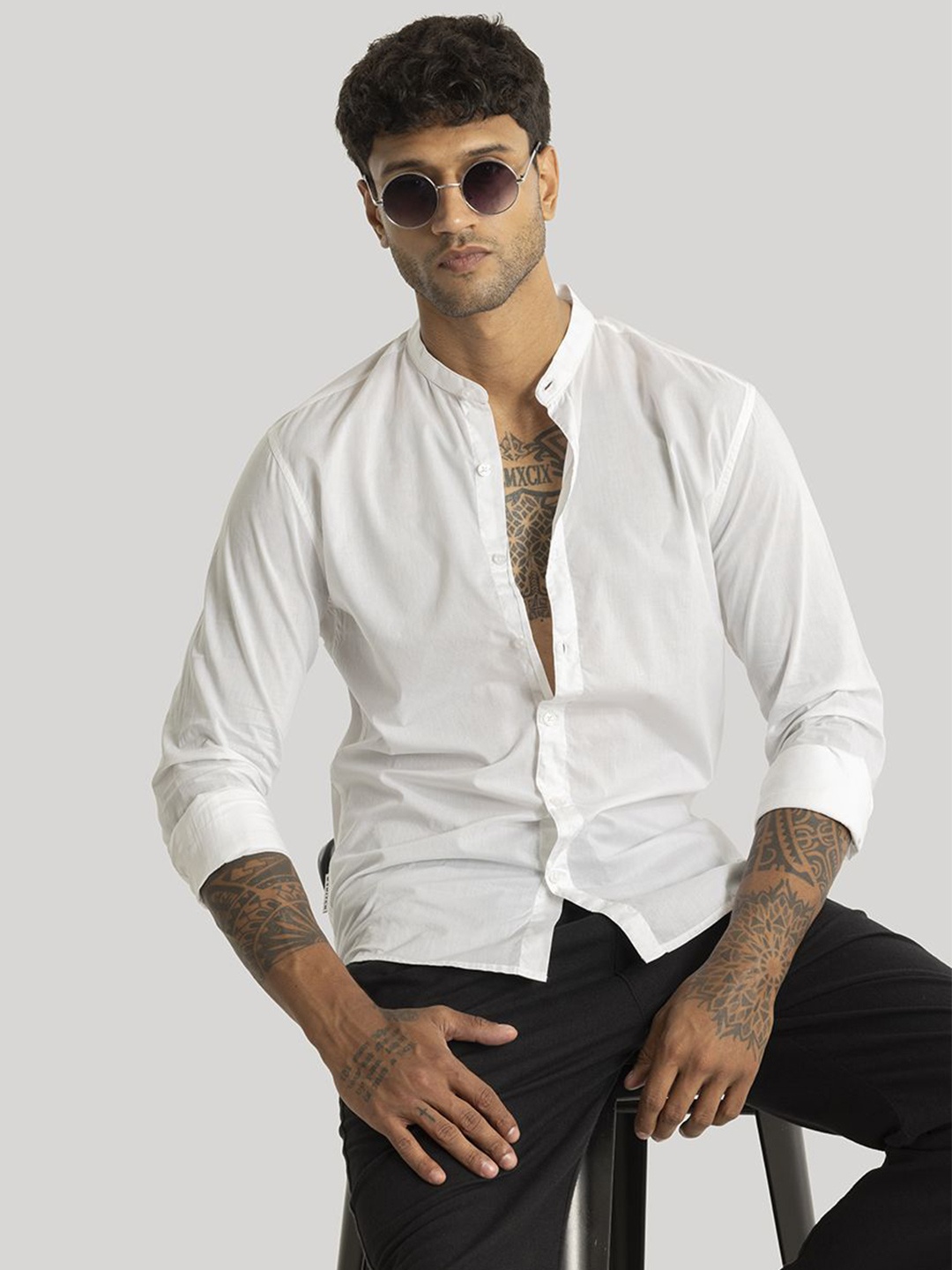 

Snitch Men Smart Slim Fit Band Collar Solid Casual Shirt, White