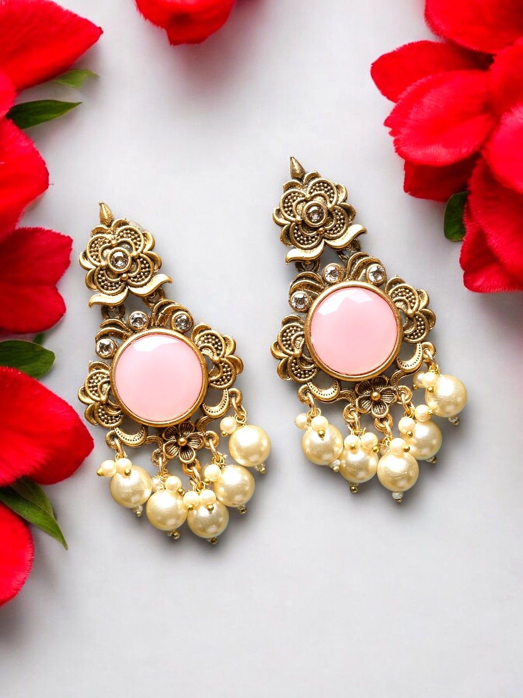 

ADIVA Gold-Plated Stone & Pearl Floral Shaped Drop Earrings