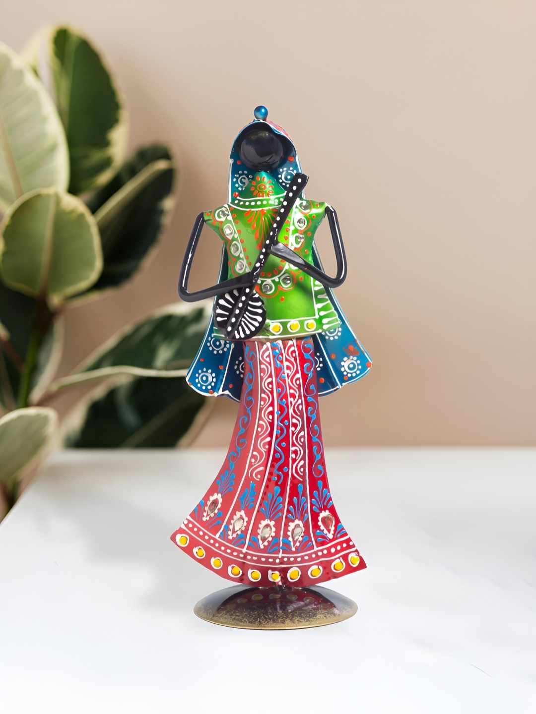 

Golden Peacock Red & Green Printed Tribal Showpiece