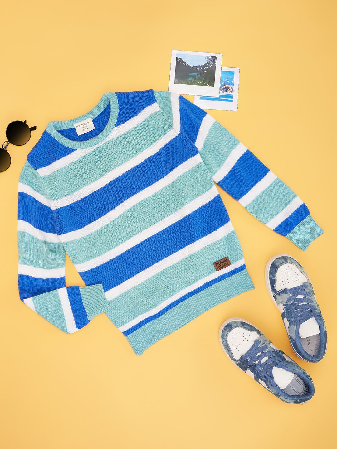

Pantaloons Junior Boys Striped Pullover, Turquoise blue