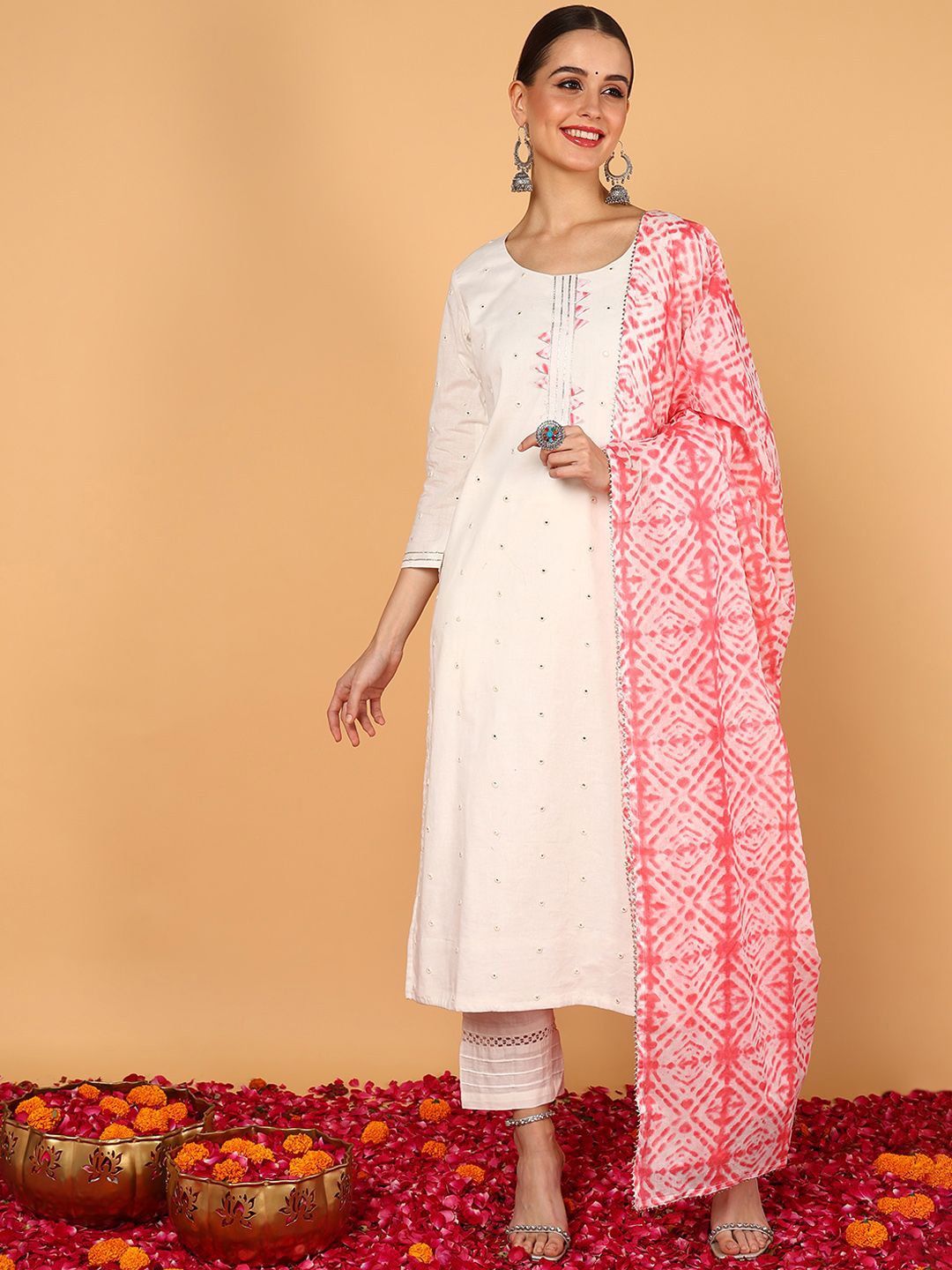 

Anouk Pink Geometric Embroidered Mirror Work Straight Kurta with Trousers & Dupatta