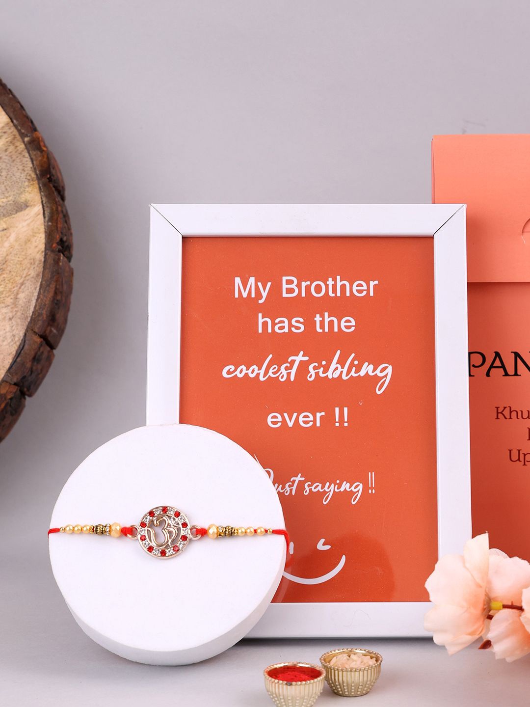 

PANASH Set Of 2 Beaded Rakhi With Photo Frame And Roli Chawal, Gold