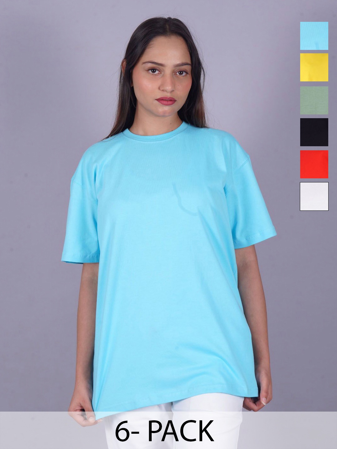 

VYVE Women Pack Of 6 Pure Cotton Solid T-shirt, Turquoise blue