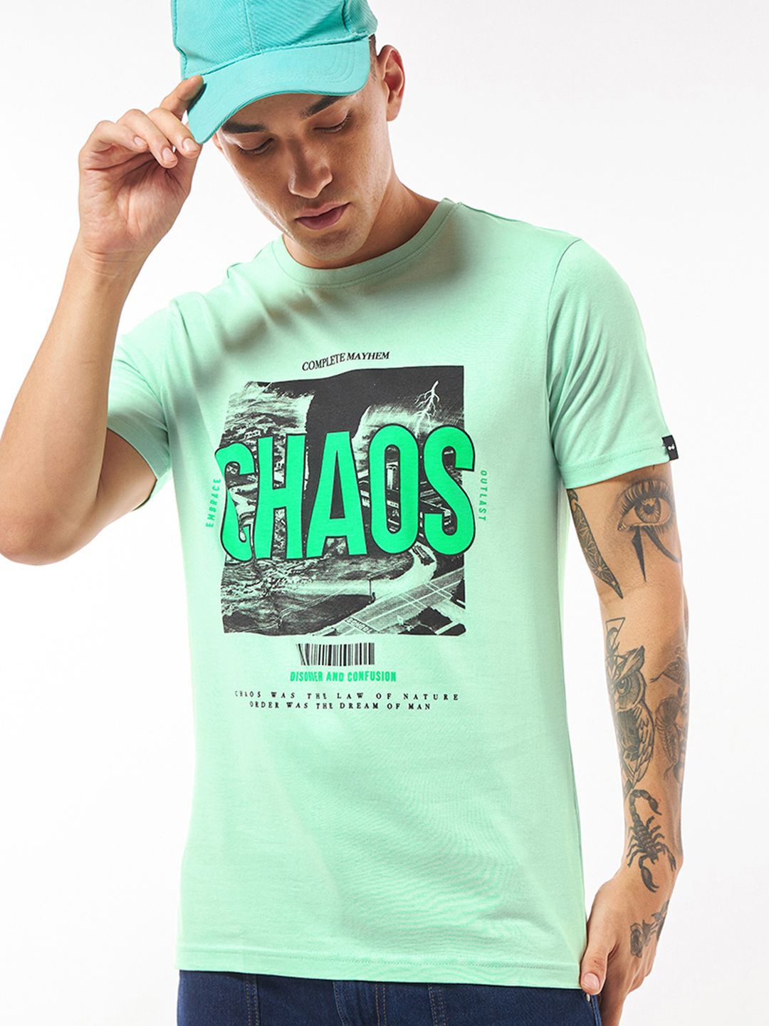 

Bewakoof Men Graphic Printed Round Neck Pure Cotton T-Shirt, Green