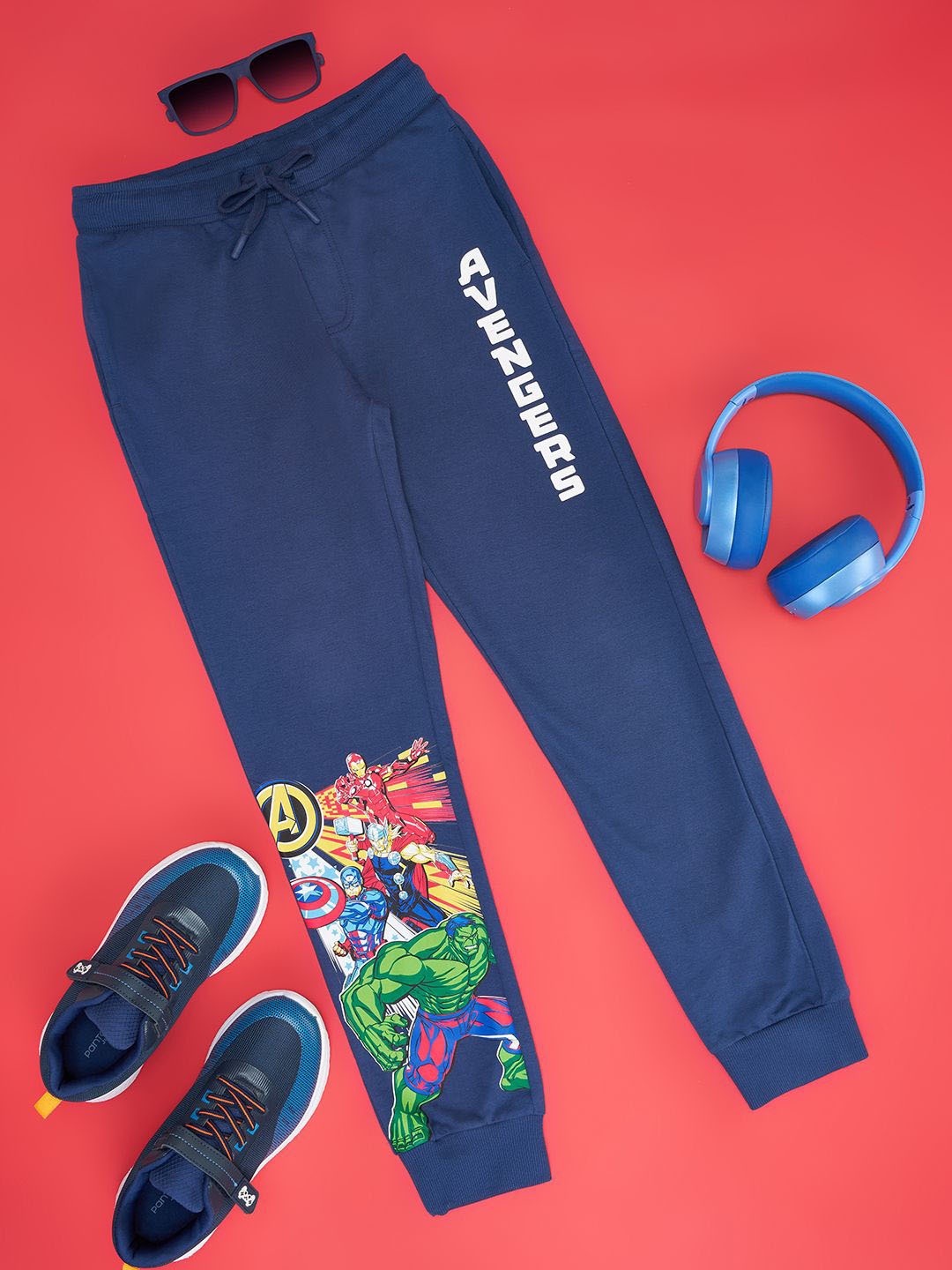 

Pantaloons Junior Boys Cotton Superhero Printed Joggers, Navy blue