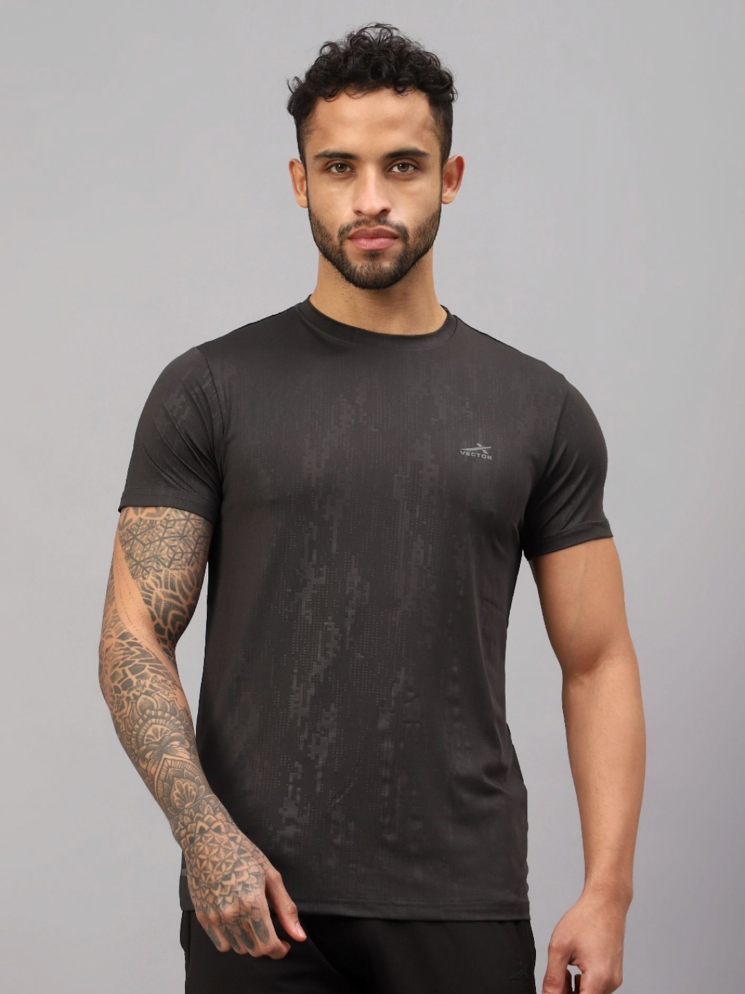 

VECTOR X Men Abstract Printed Neck T-shirt, Grey