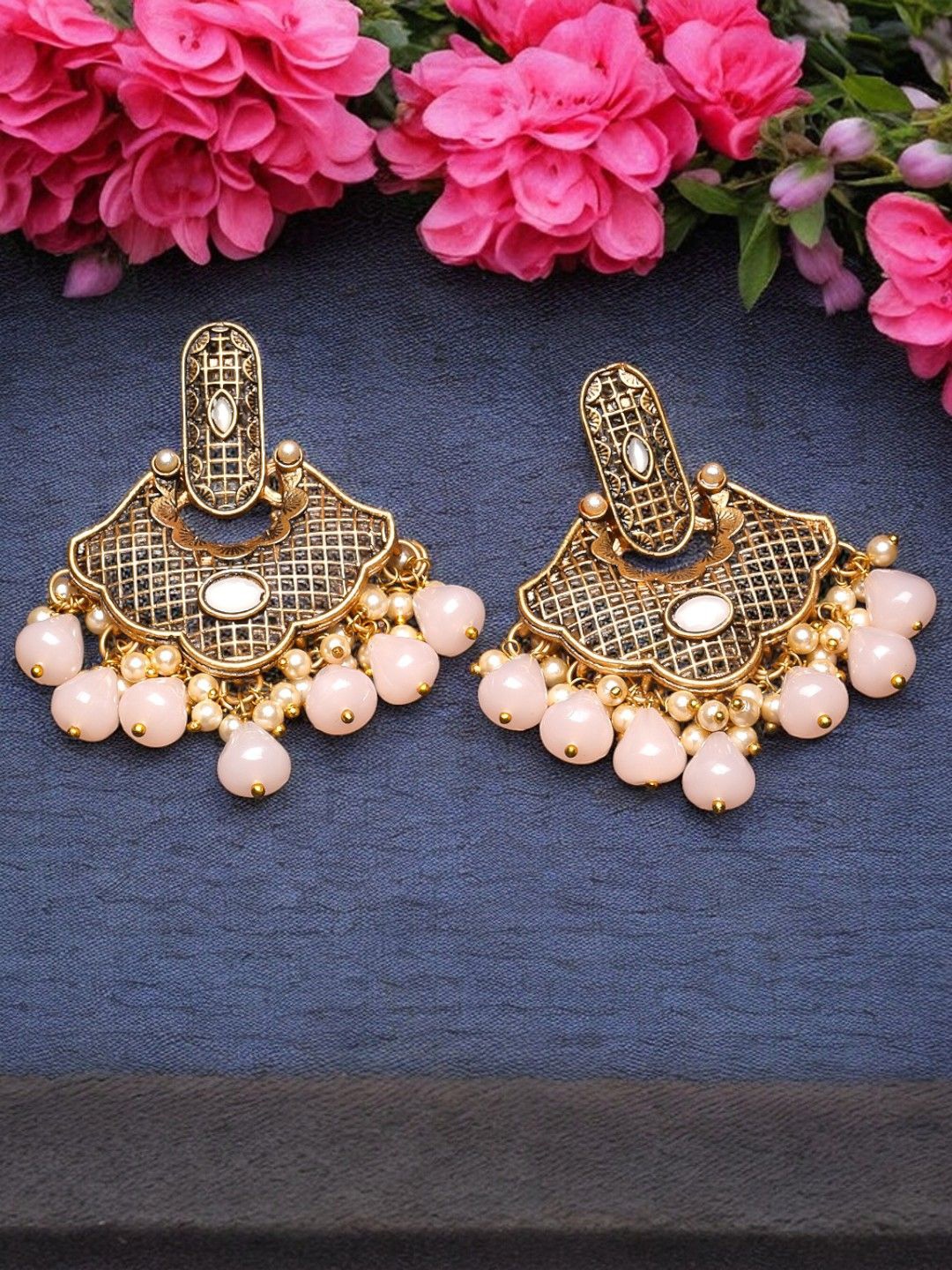

ADIVA Gold-Plated Pearl Beaded Antique Classic Drop Earrings