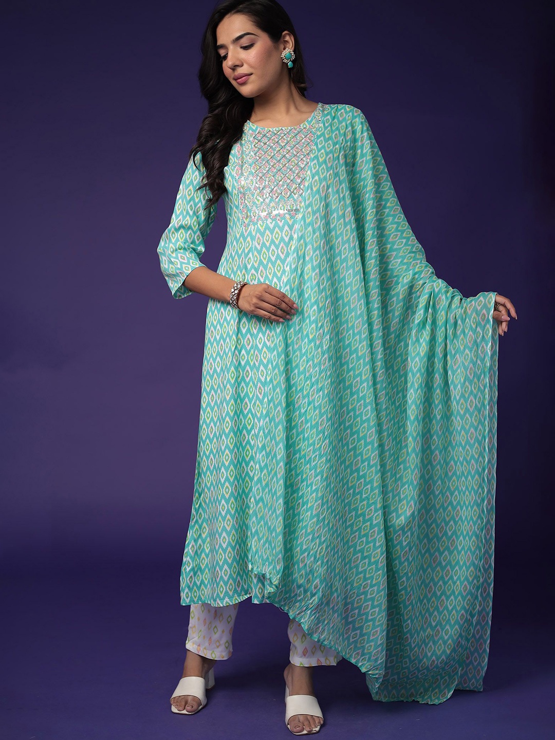 

ZARI Ethnic Motifs Printed Sequinned Pure Cotton Anarkali Kurta With Trouser & Dupatta, Green