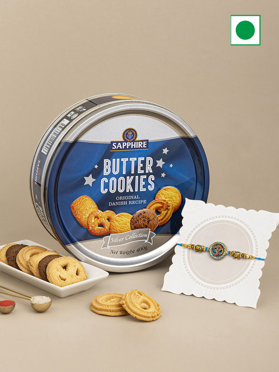 

Hyperfoods 2 Pieces Rakhi With Butter Cookies Gift For Brother 400gm, Blue