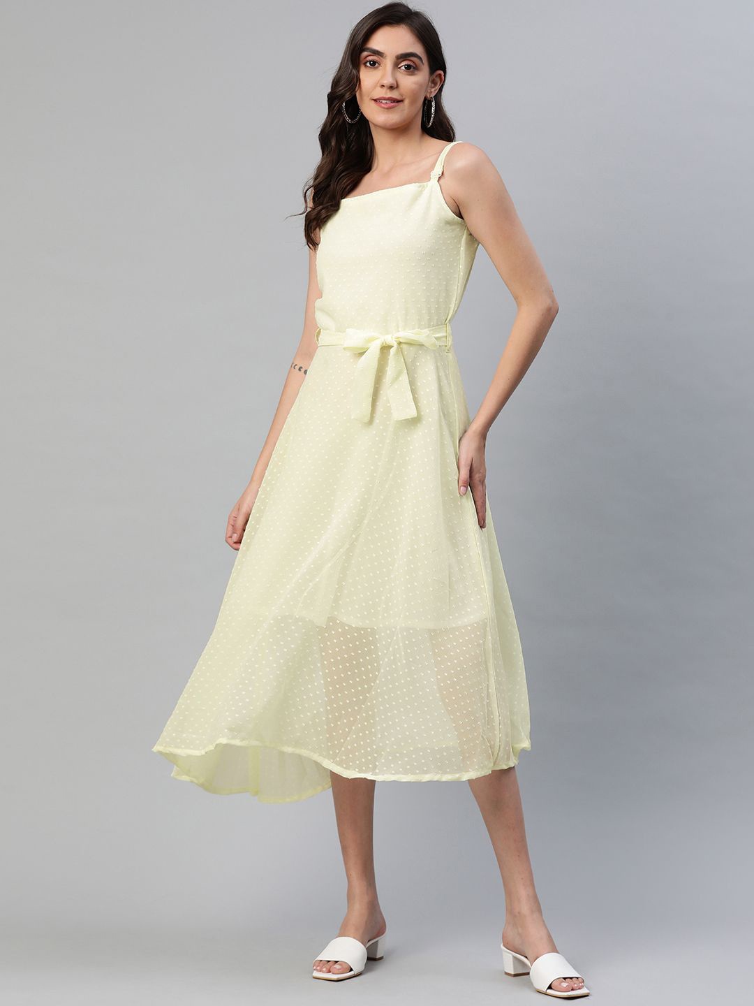 

BAESD Georgette A-Line Midi Dress With Belt, Yellow