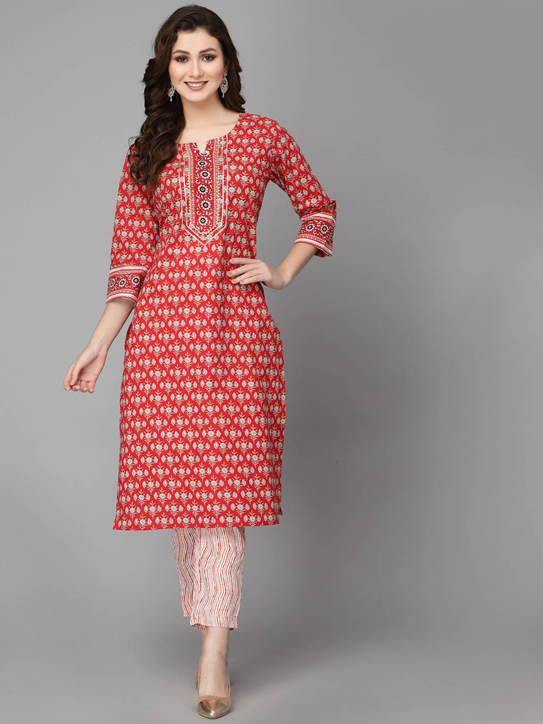 

P3D CREATION Ethnic Motifs Printed Organic Cotton Straight Kurta with Trousers & Dupatta, Red
