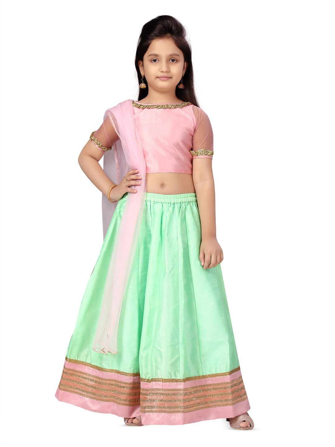 

BAESD Girls Boat Neck Zari Silk Ready to Wear Lehenga & Blouse With Dupatta, Pink